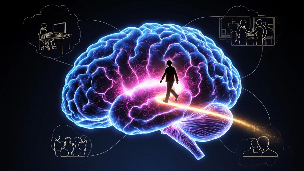 A glowing brain with bright neural pathways and a figure walking peacefully, illustrating emotional balance and neuroplasticity.