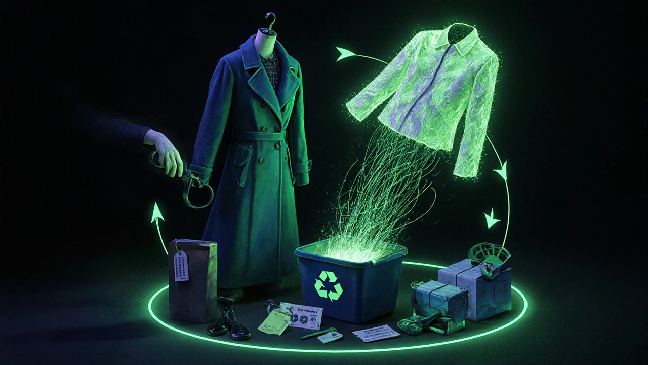 A worn coat being recycled into new fibers, forming a circular fashion loop with repair tools and compostable packaging.