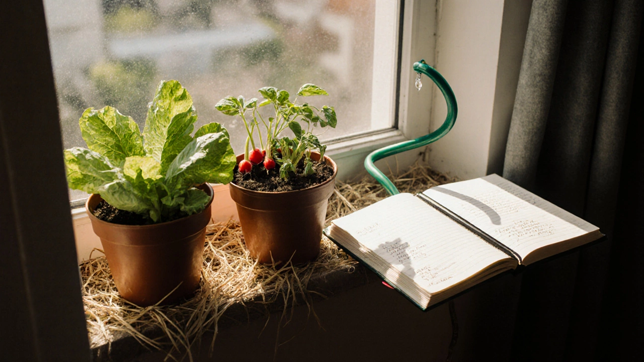 Balcony garden with pots of lettuce, radishes, and basil, drip hose, and open notebook on windowsill.