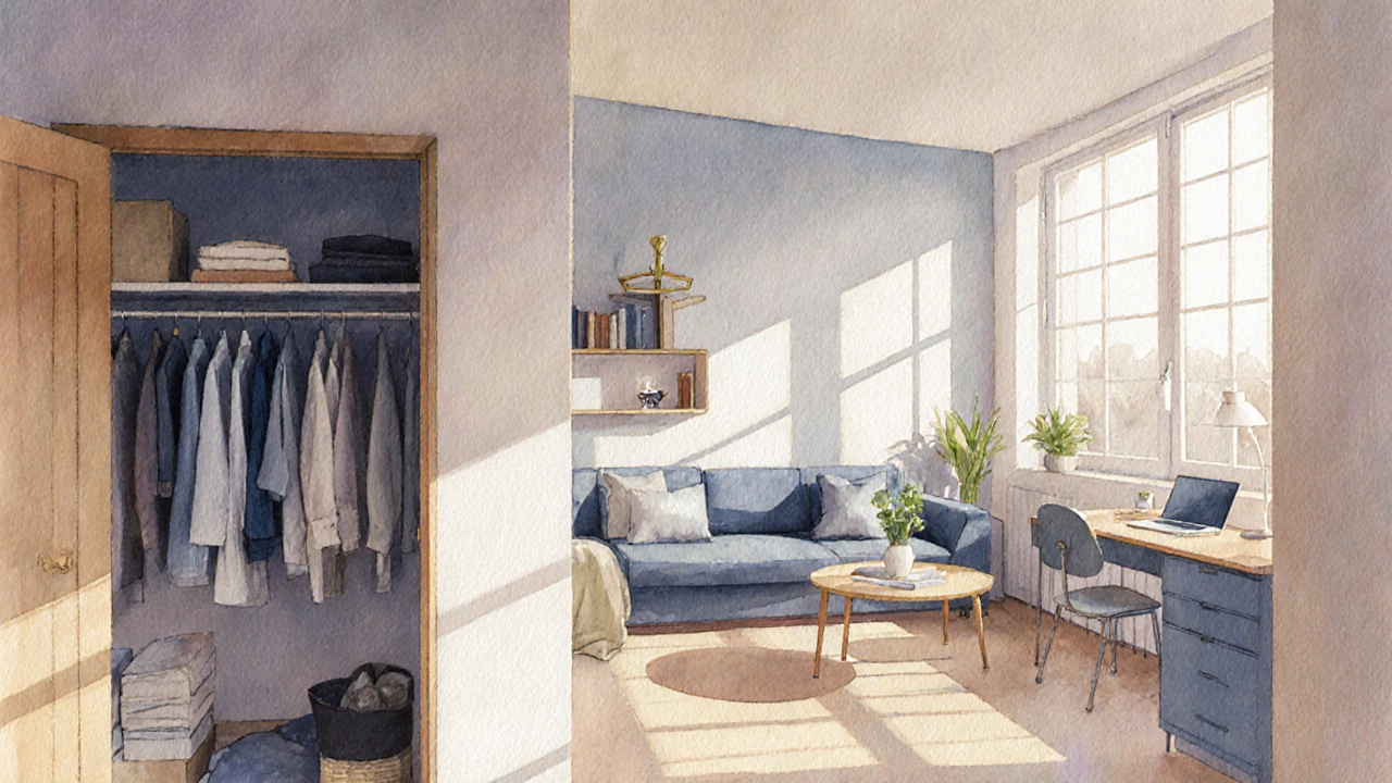 Calm living room, tidy bedroom closet, and clear home office desk after declutter.