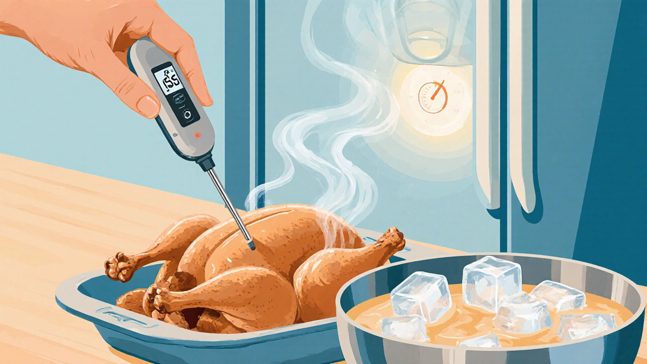 Chef uses probe on chicken at 165°F, soup cooling in ice bath, fridge set to 3°C.