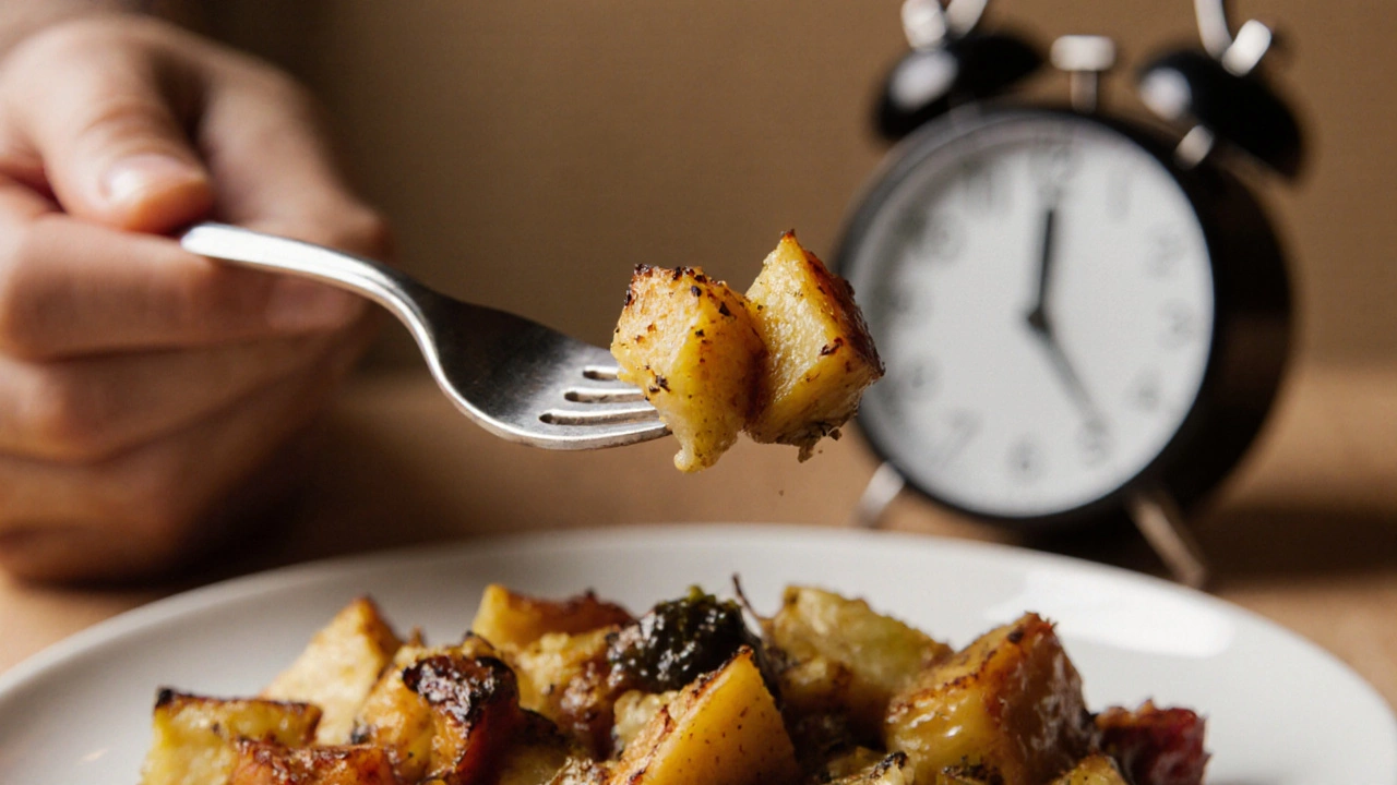 Close-up of a small bite of vegetables on a fork, highlighting slow chewing.