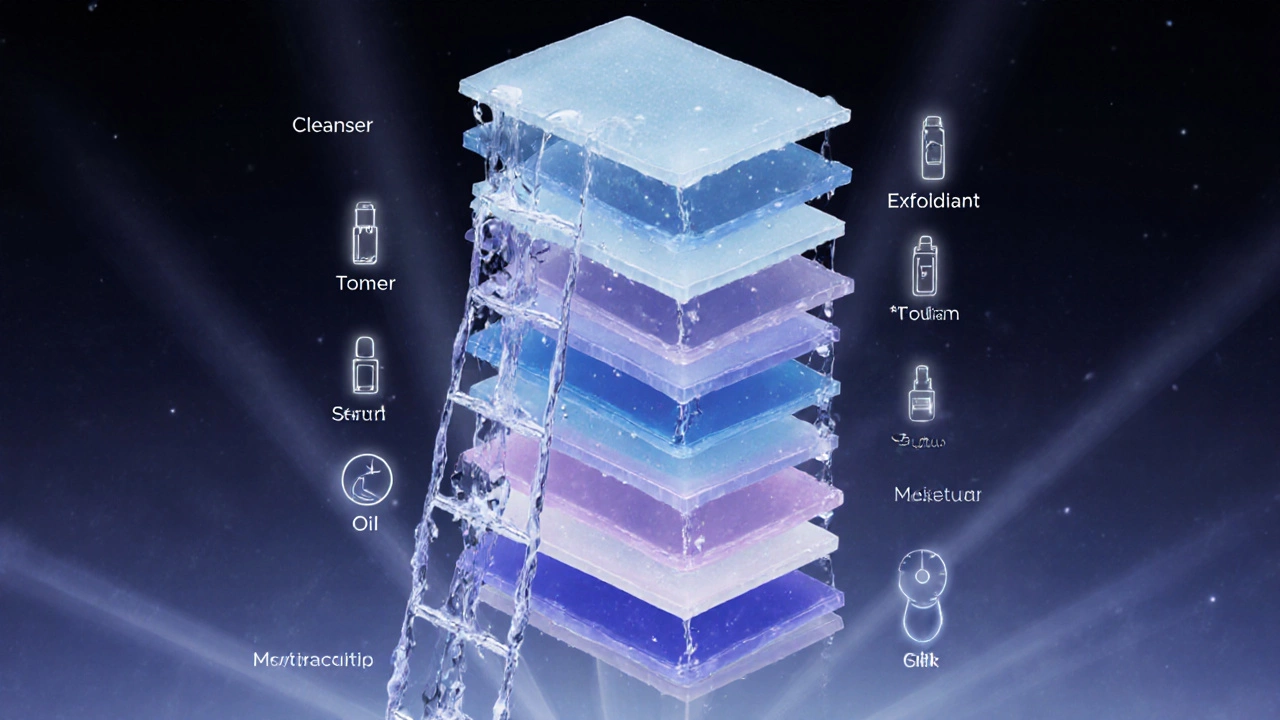 Conceptual digital art of layered translucent sheets absorbing droplets, labeled with skincare steps.