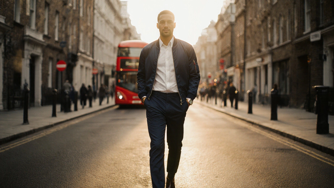Confident individual walks on a London street at sunset, showcasing a cohesive signature outfit.
