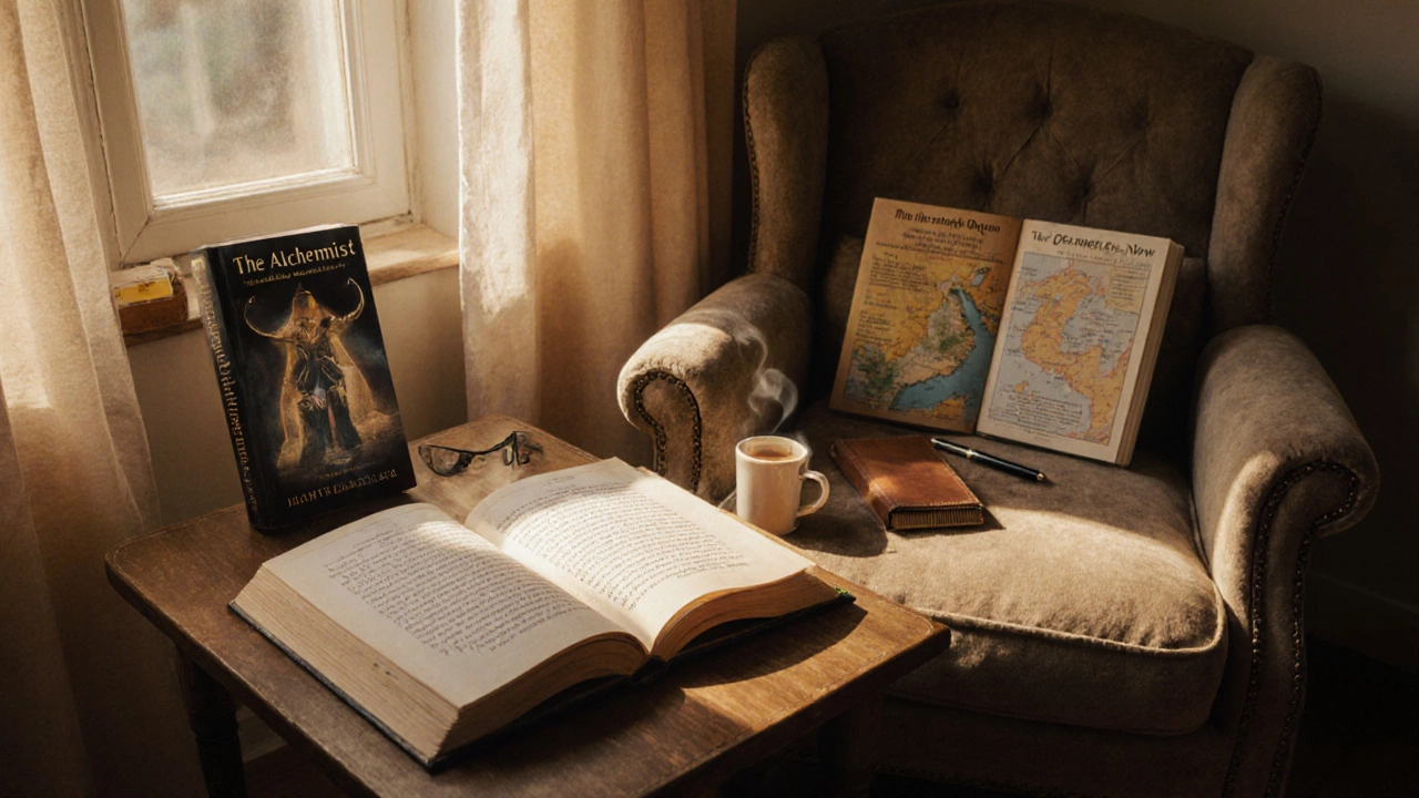 Cozy reading nook with The Alchemist, Atomic Habits, Power of Now, journal and tea.