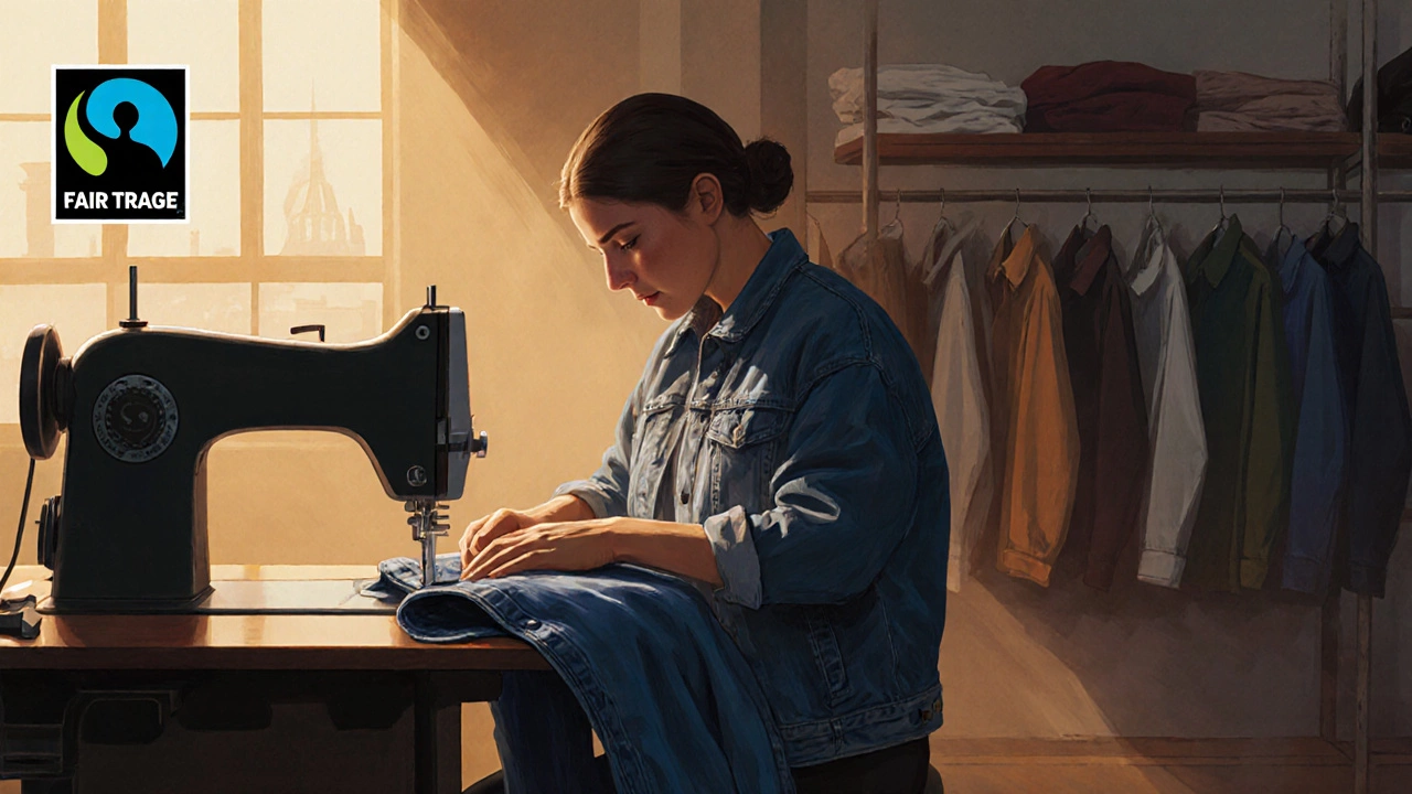 Ethical garment worker sewing a durable jacket in a clean, well-lit factory with Fair Trade certification visible.