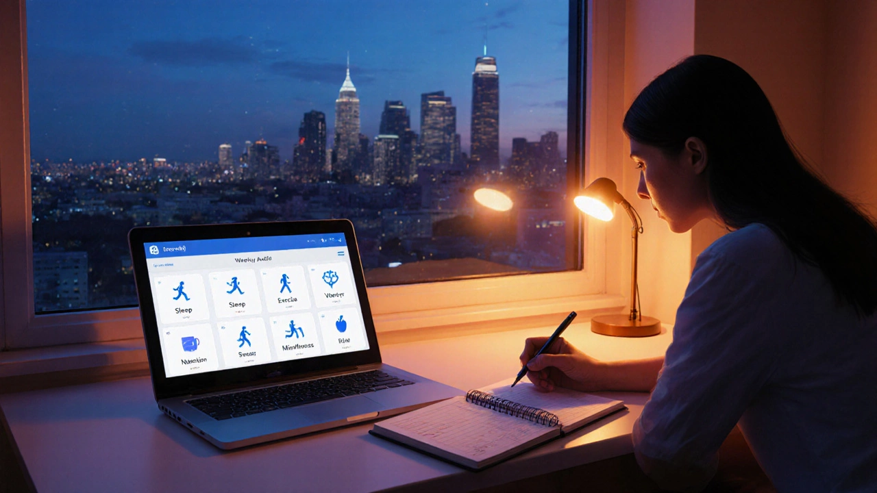 Evening desk scene with laptop, journal, and person reviewing a weekly balance audit.