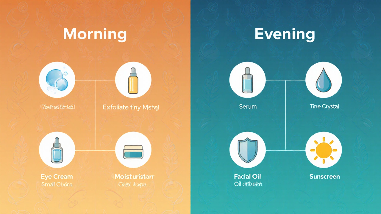 Flat illustration showing side‑by‑side morning and evening skincare steps with simple icons.