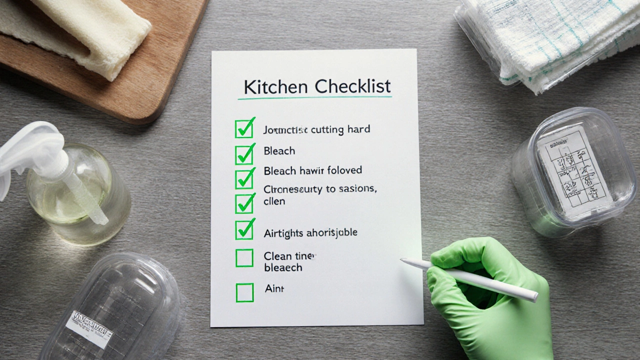 Flat‑lay of checklist with sanitized board, towel, gloves, and airtight containers.