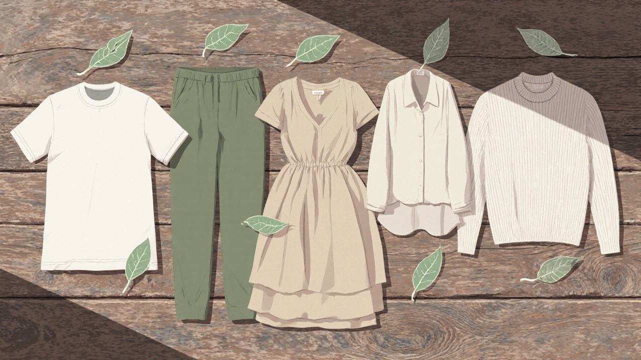 Flat lay of natural-fiber clothing items—cotton, hemp, bamboo, Tencel, linen, wool—on a wooden surface.