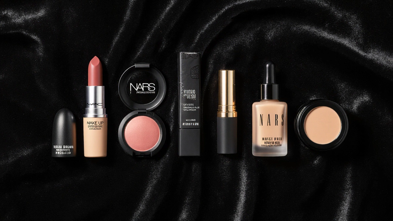 Flat‑lay of six professional makeup products from top brands on a black velvet surface.