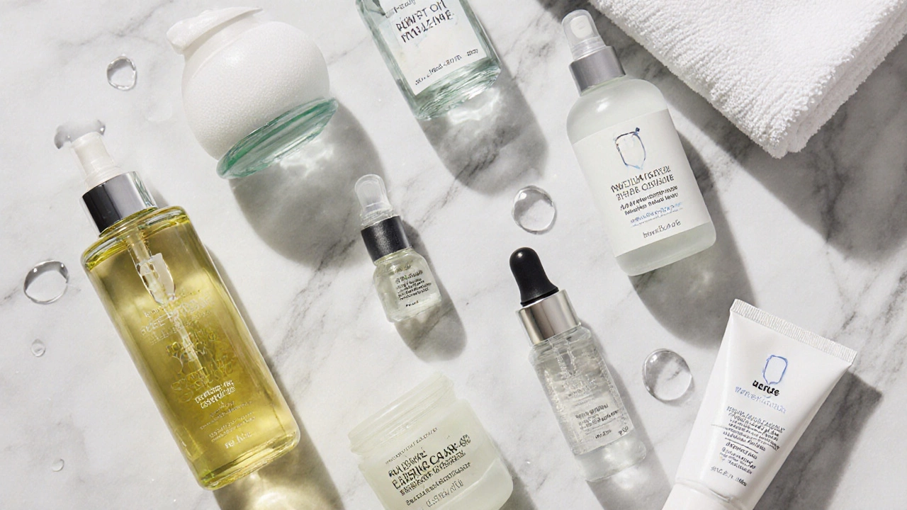 Flat‑lay of skincare products arranged in order for a glass‑skin routine.