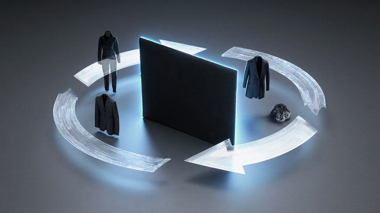 Futuristic illustration of eco‑friendly black fabric production and recycling loop.