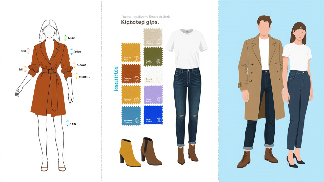 Graphic illustration showing body shapes, color palette options, and a core wardrobe set.