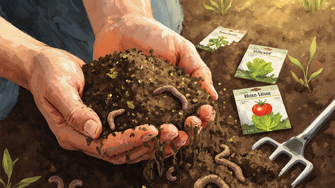 Hand mixing clay soil with compost, garden fork and seed packets nearby in natural light.