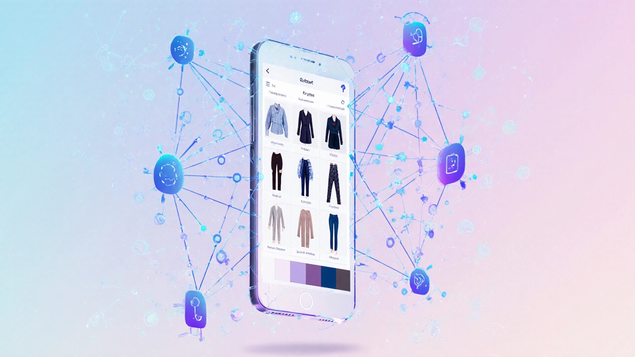 Illustration of a phone analyzing clothing items with AI network graphics.