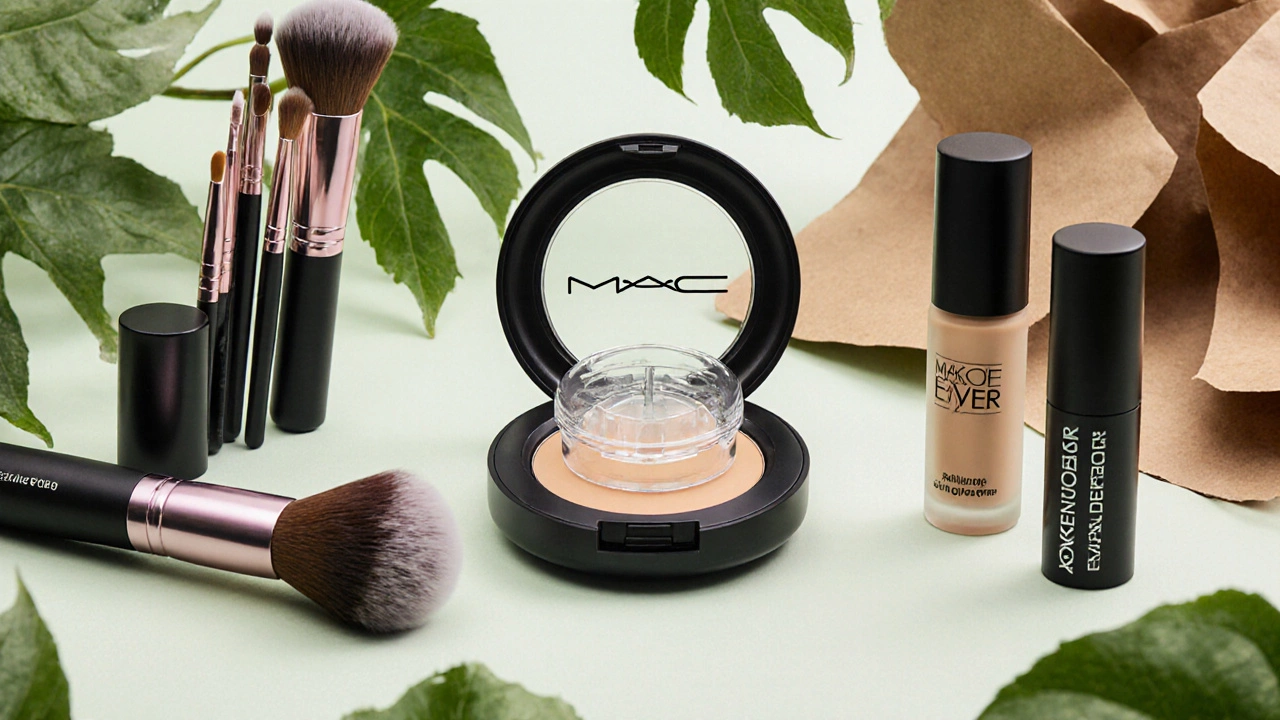 Illustration of a sustainable makeup kit with refillable compact and eco‑friendly brushes.
