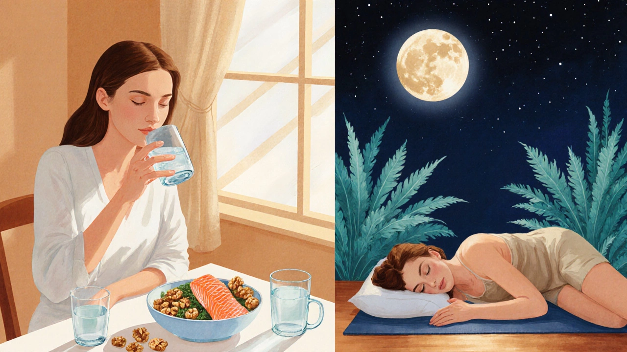 Illustration of a woman drinking water, eating salmon, sleeping, and doing yoga.