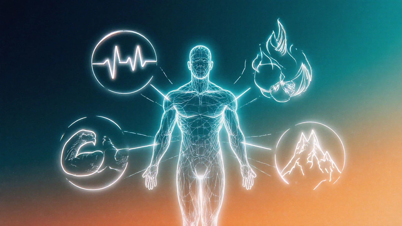 Illustration showing heart health, muscle endurance, metabolism, and VO2 max benefits.