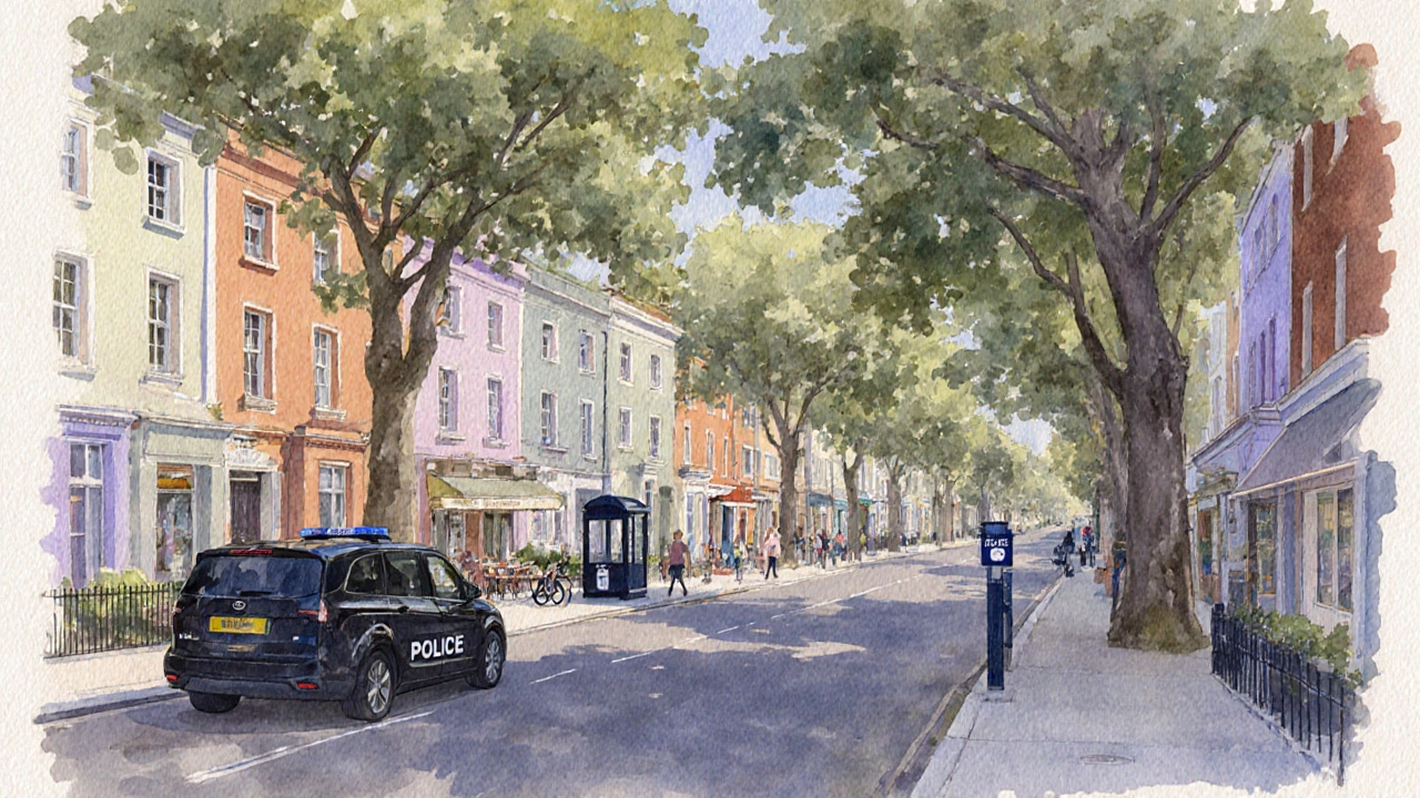 Kensington tree‑lined avenue with police van, cafés and bike‑share station at dusk.