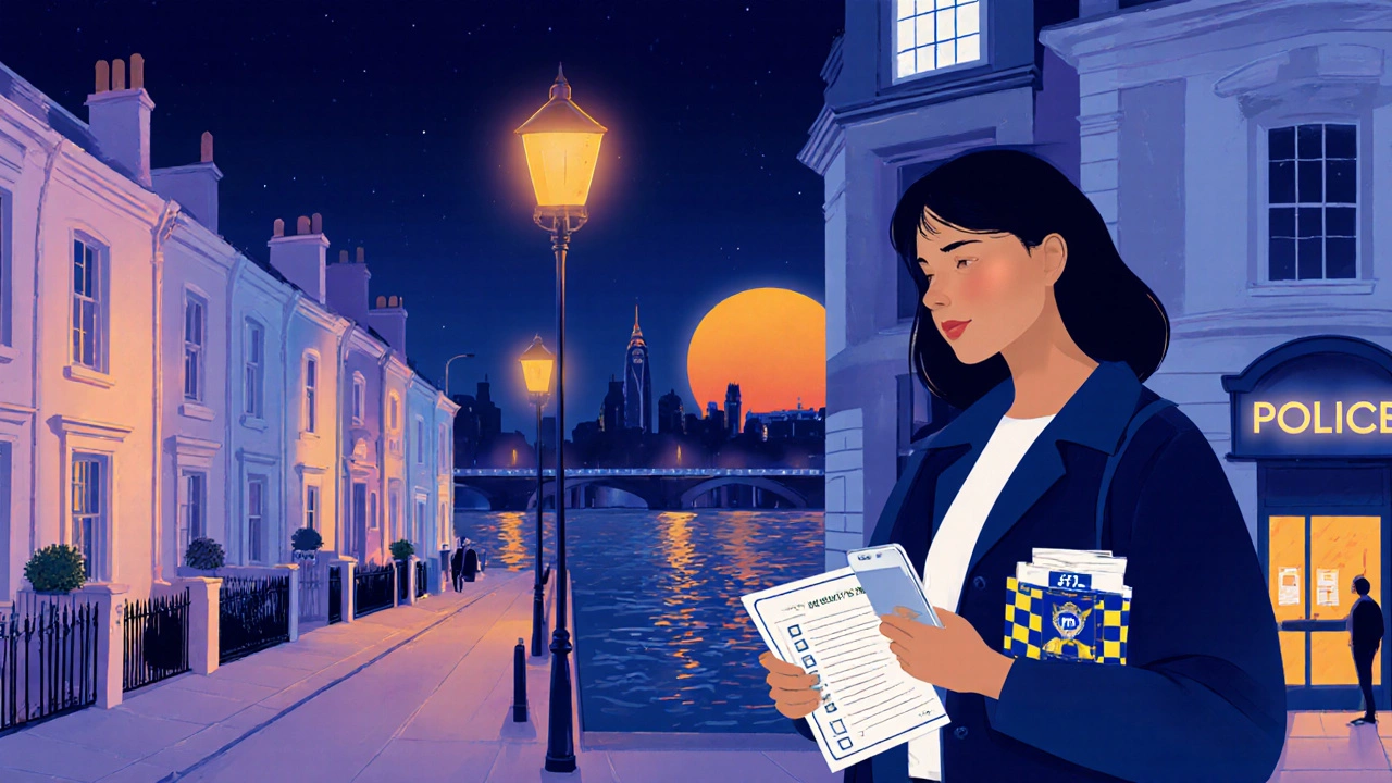 Night scene of safe London streets, traveler holding checklist, lit buildings.