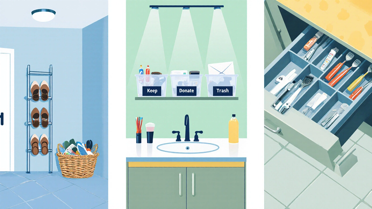 Organized entryway, bathroom counter, and kitchen drawer with three sorting boxes.