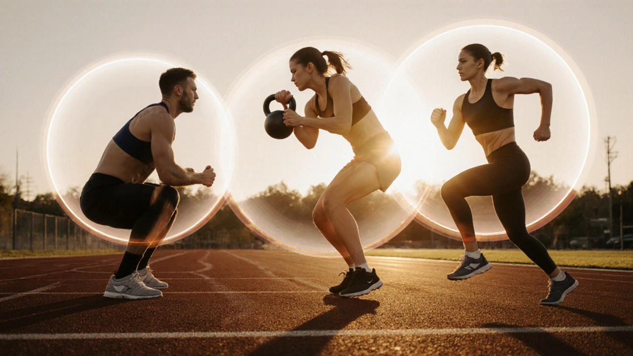 Outdoor track scene with beginner, intermediate, and advanced athletes doing 30 / 60s intervals at sunset.