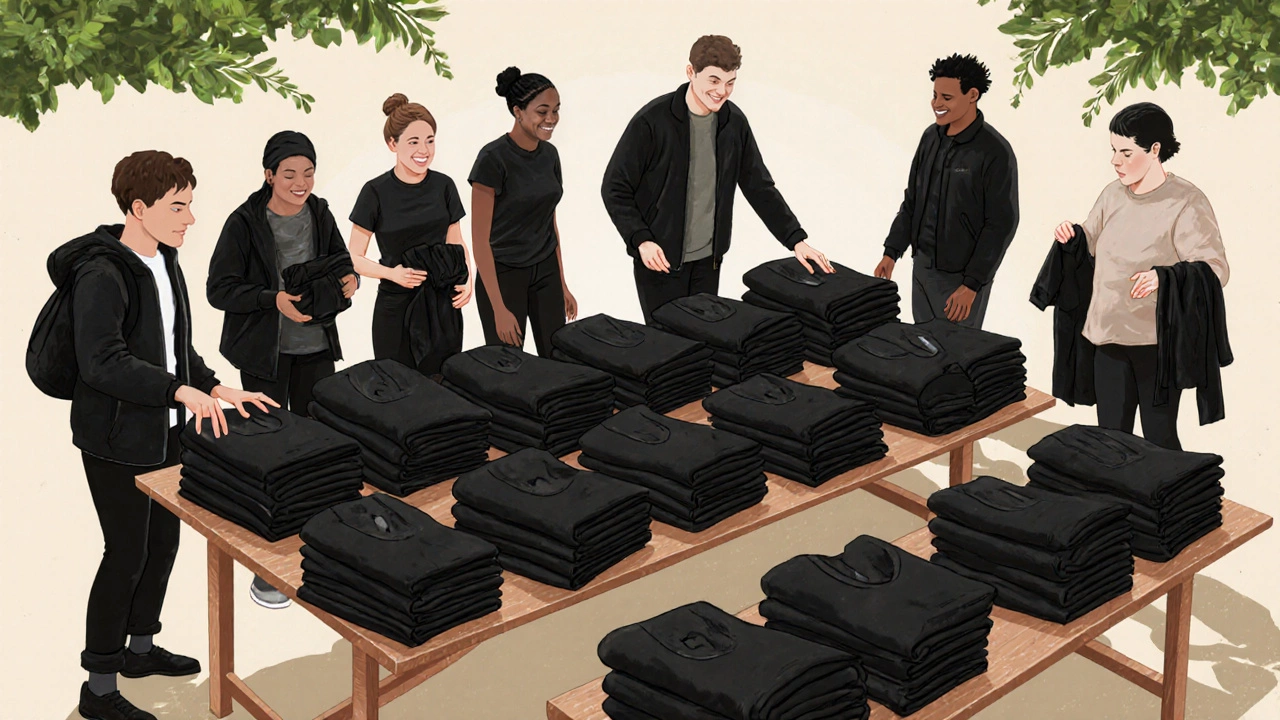 People swapping black clothing at a community event with tables of garments.