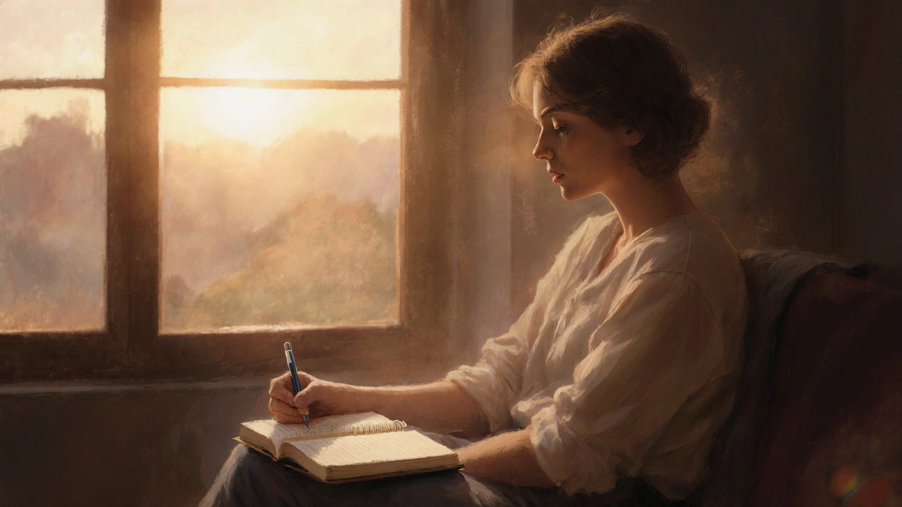 Person reflecting after a meal, writing in a journal with a peaceful sunset view.