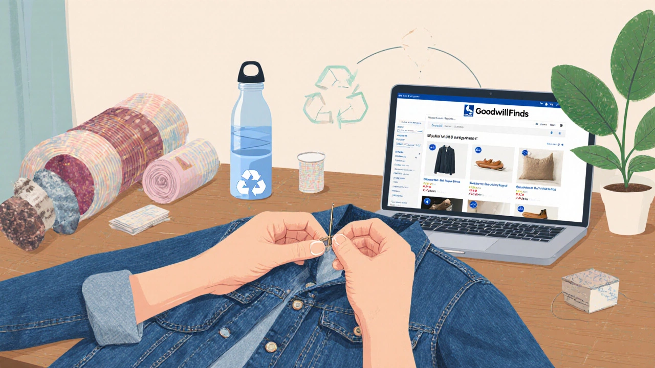 Person repairing a denim jacket at home while browsing Goodwill online, surrounded by recycled fabrics.
