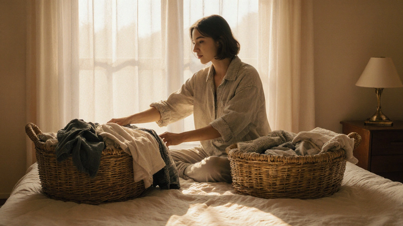 Person sorting clothes into healthy and synthetic piles in a sunlit bedroom, emphasizing mindful wardrobe choices.