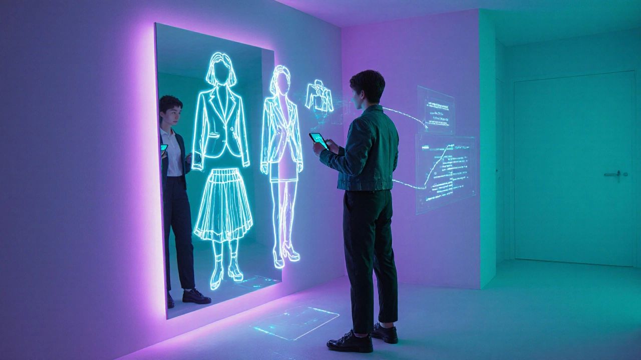 Person tries on holographic outfits using AR in a sleek modern room.