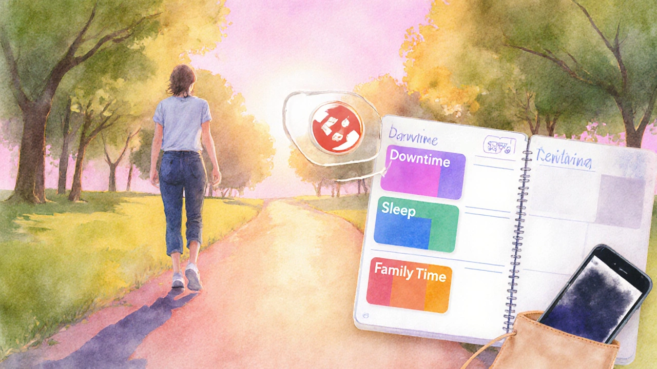 Person walking in a park with a planner showing scheduled downtime and balance.