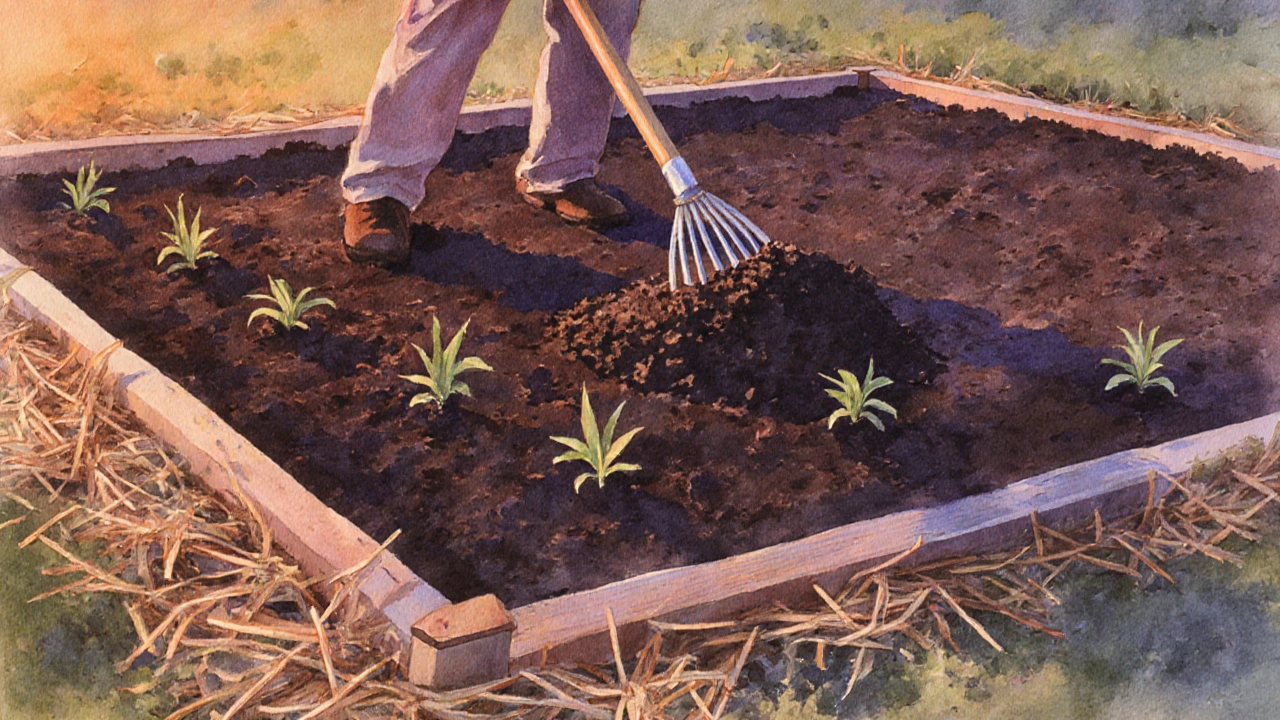 Prepared garden bed with compost, seedlings, and mulch under sunset light.