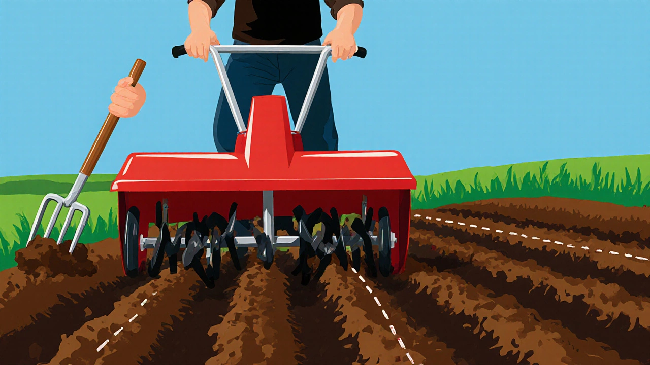 Rototiller turning soil with overlapping rows, showing first and second passes.