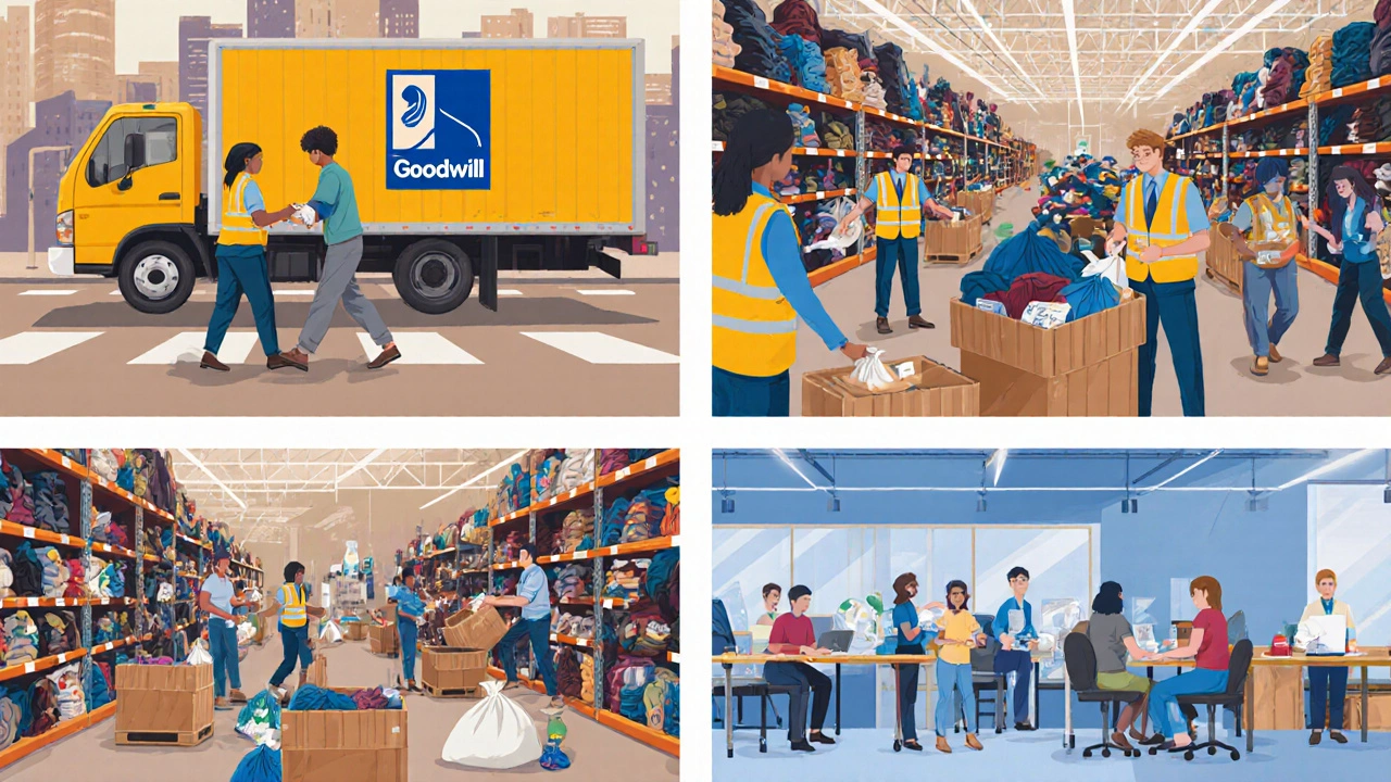 Scene showing donation drop‑off, sorting workers, store sales floor, and a community training class.
