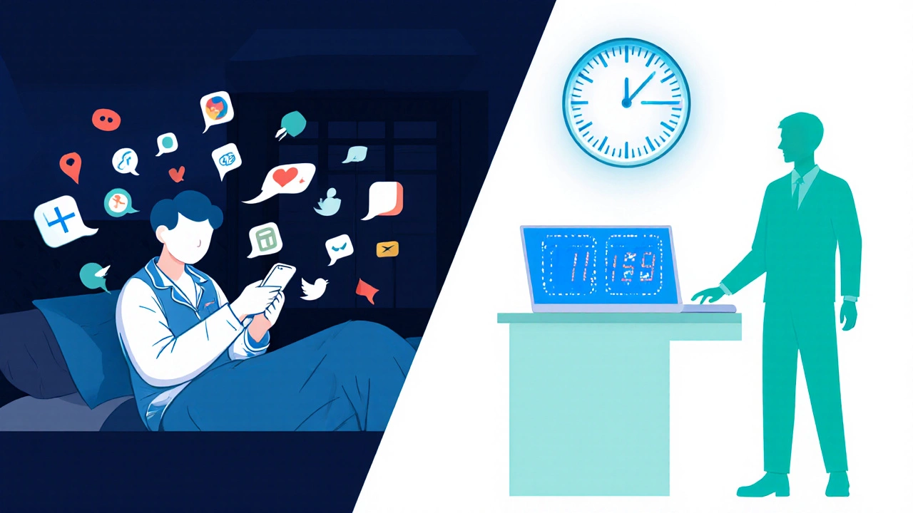 Split illustration showing night‑time home work stress and demanding office manager.