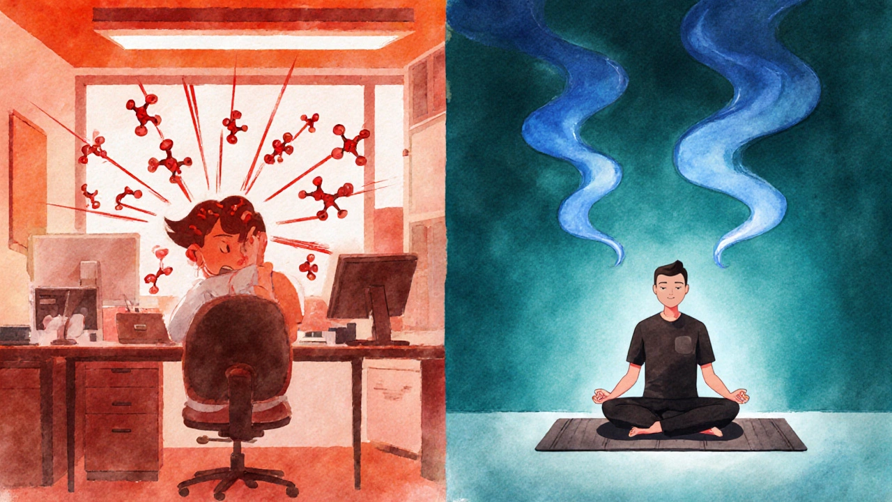 Split scene showing a stressed office on the left and a calm meditator on the right, with visual cortisol symbols diminishing.