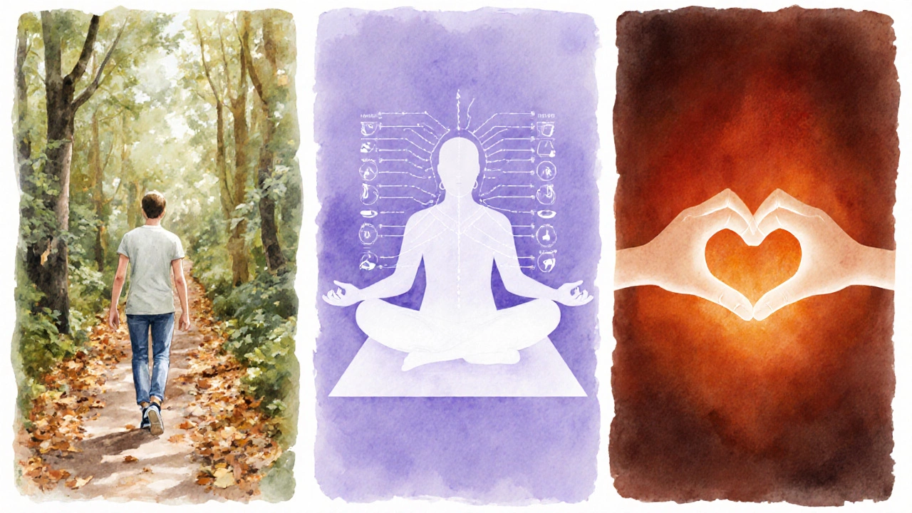 Three panels showing walking meditation, body scan, and loving‑kindness practices in watercolor.