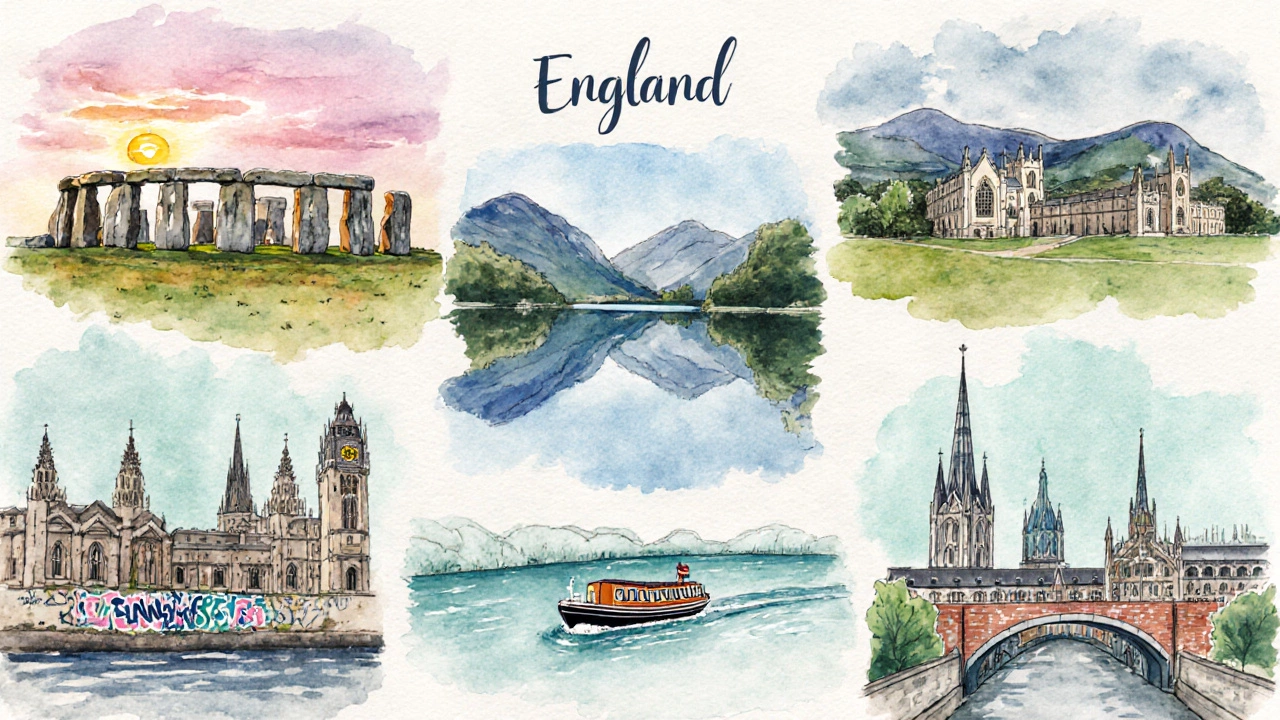 Watercolor collage of Stonehenge, Lake District, Cambridge, and Manchester landmarks.