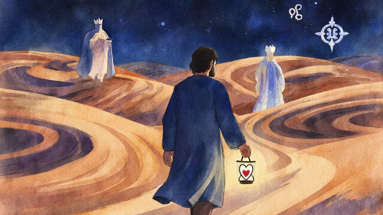 Watercolor of Santiago in a twilight desert, holding a glowing heart lantern.