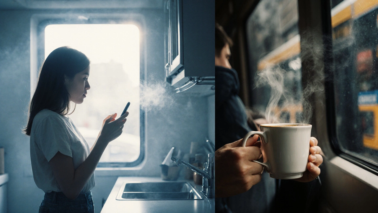 Woman inhaling before checking phone, holding coffee, and a commuter feeling bus vibrations.