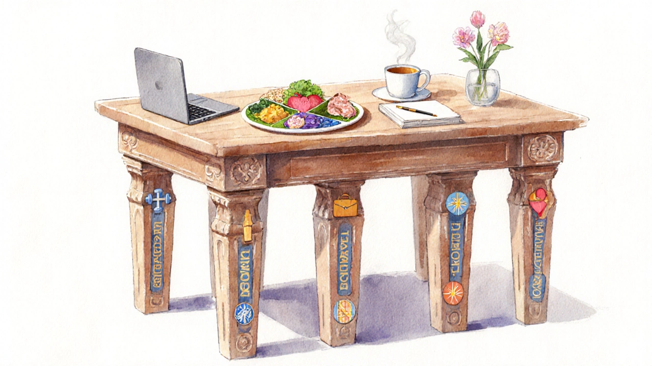 Wooden table with six legs each showing a life‑balance pillar, surrounded by harmonious items.