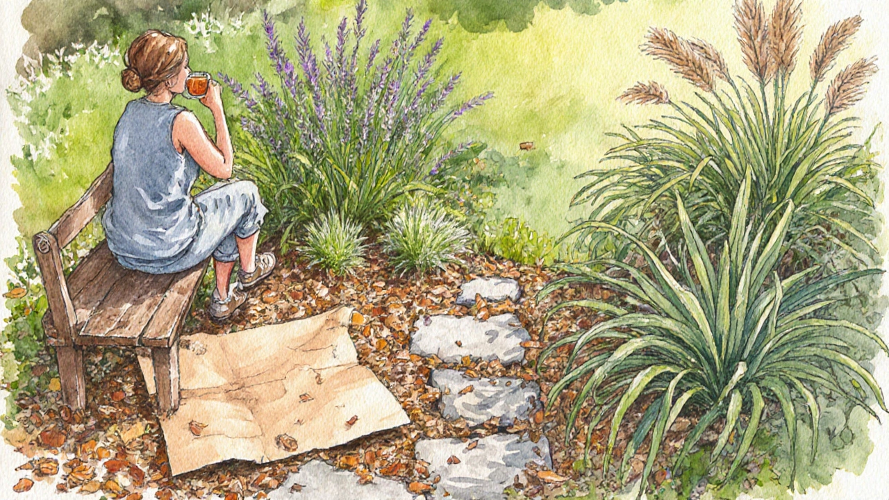 A person relaxing on a bench beside a thriving, untamed garden with mulch, grasses, and seed heads, no signs of weeding.