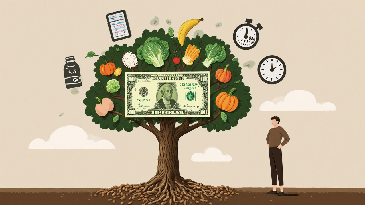 A person standing beside a  bill that turns into a tree made of healthy foods, symbolizing nourishment and frugal living.