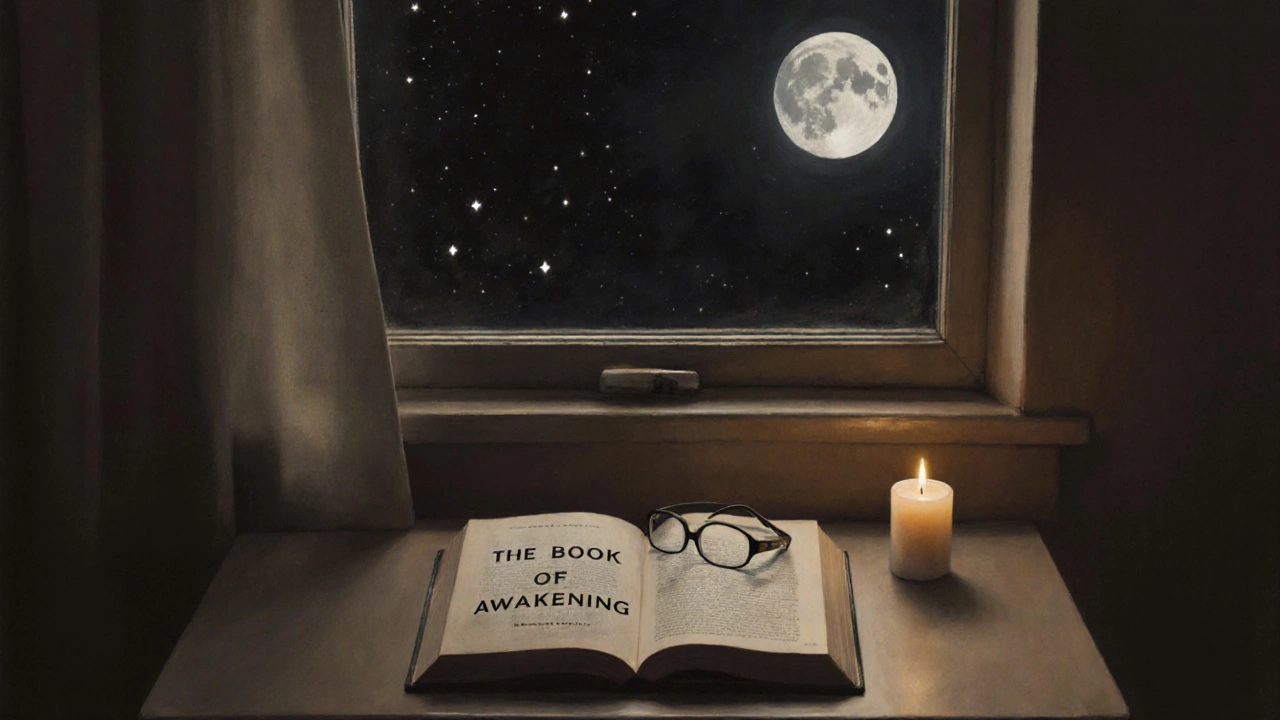 A serene nightstand with an open book and candle, symbolizing quiet reflection before sleep.