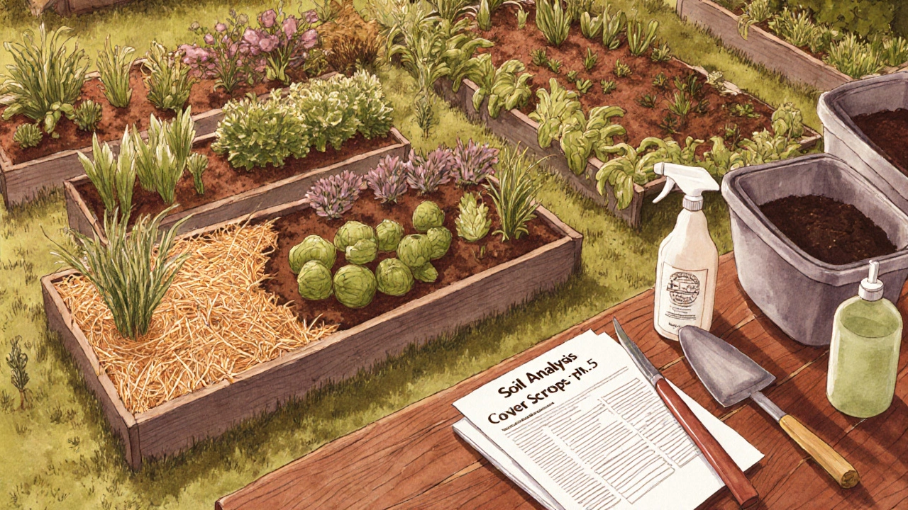 Aerial view of an organic vegetable garden with mulch, cover crops, and soil test kit on bench.