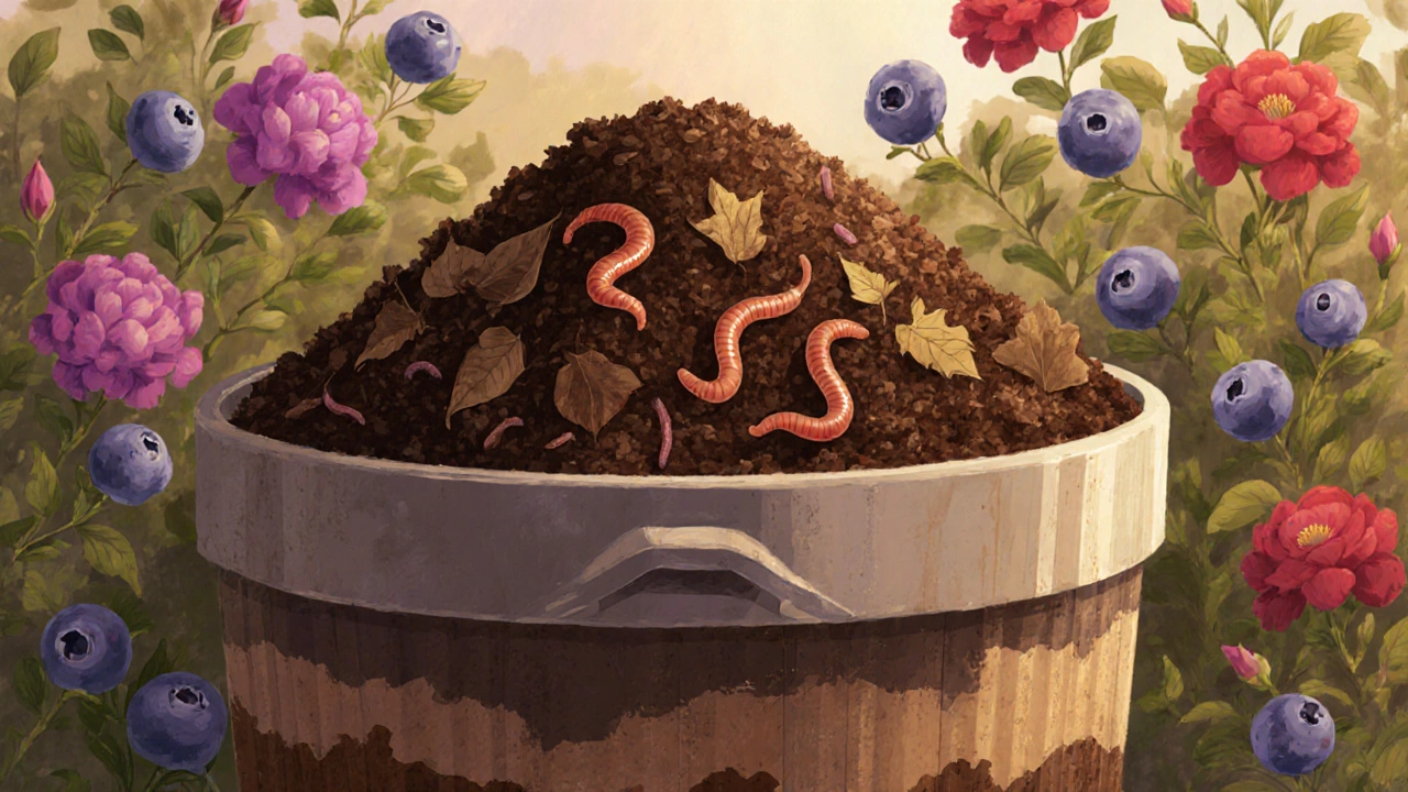 Compost bin with coffee grounds and leaves, earthworms active, blueberries in background.