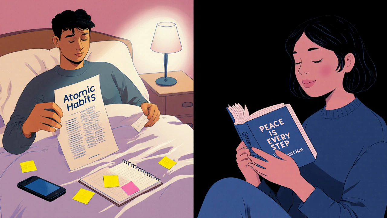 Contrasting scenes of stress and peace while reading different self-help books before sleep.