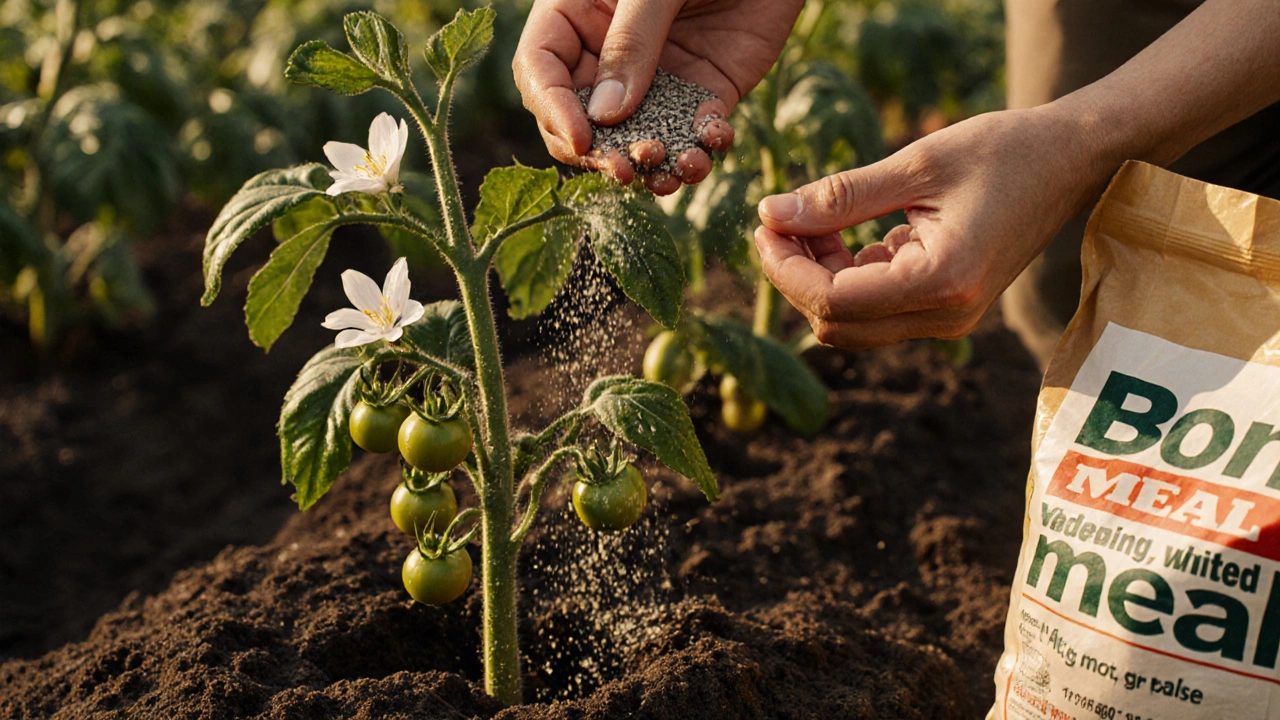 Hands sprinkling bone meal around a flowering tomato plant with moist soil and open bag nearby.
